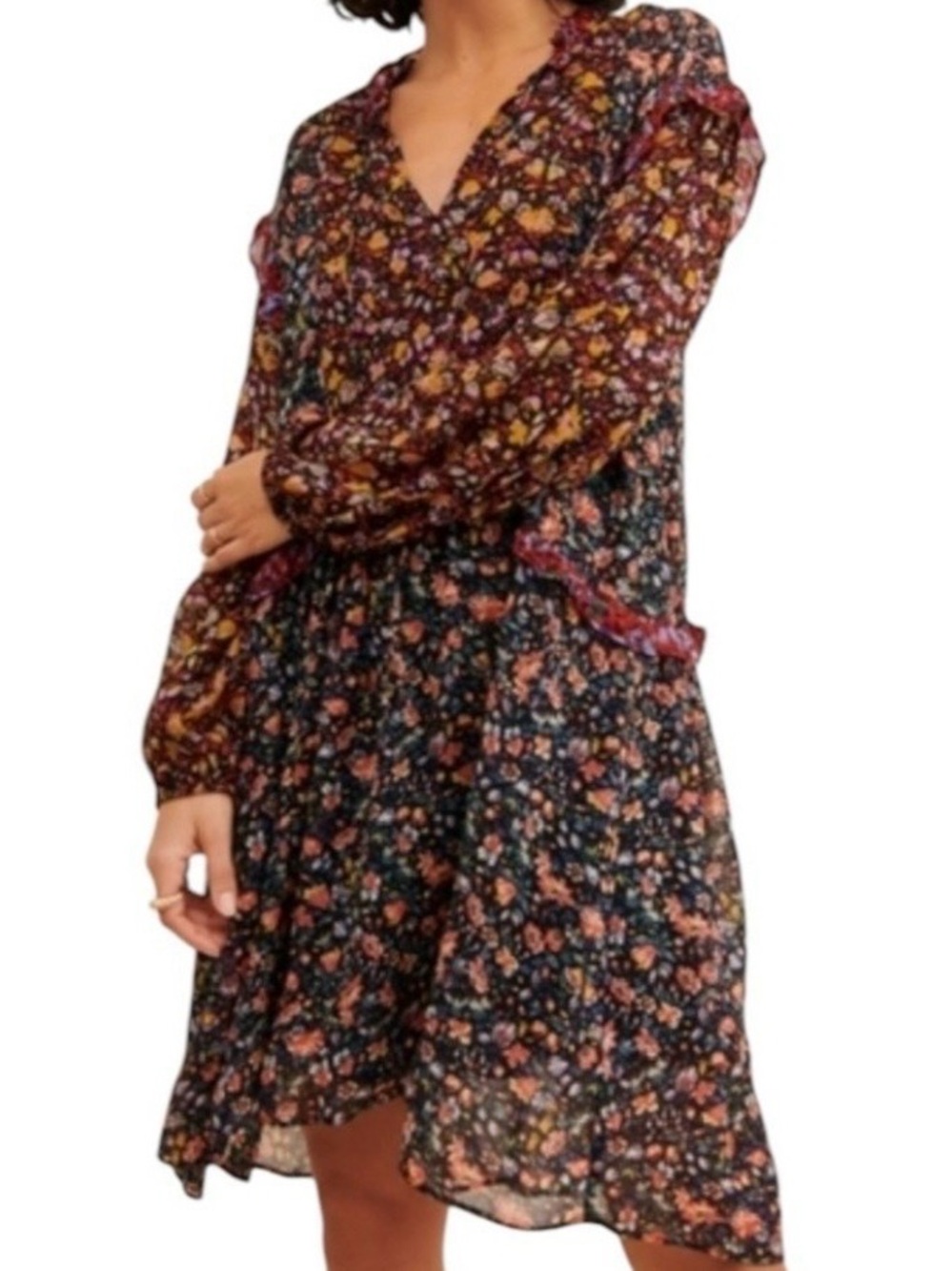 Anthropologie Hélène Tunic Black Floral V-Neck Tiered Sheer Minidress